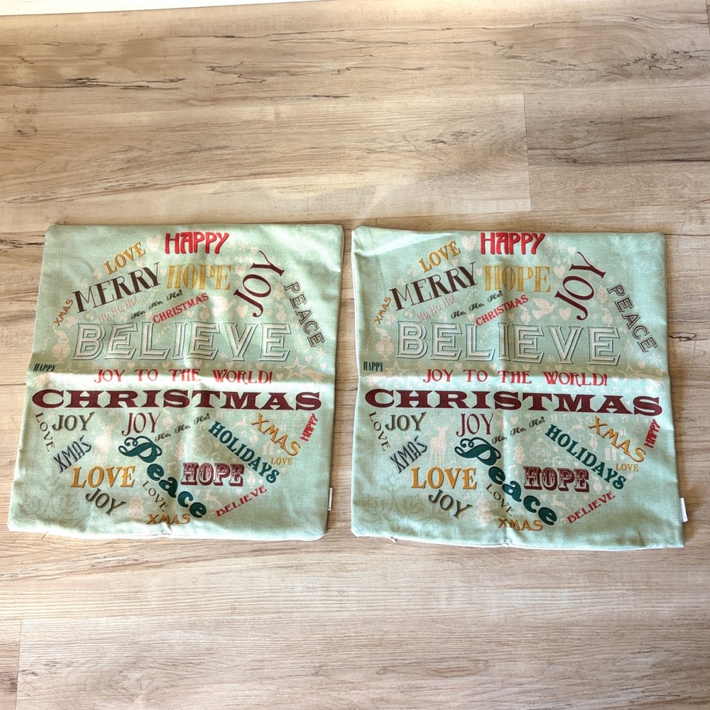 2 Vtg Merry Christmas Concept Words Pillow Cushion Cover Decorative 18x18 Cotton